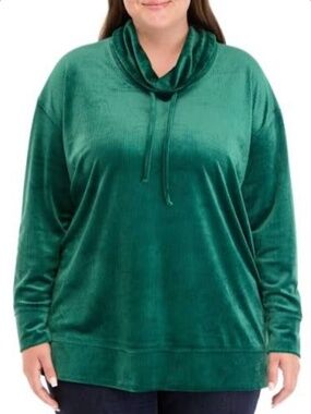 NWT Kim Rogers Green Velour Ribbed Cowl Neck Long Sleeve Pullover Top Size XL